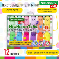 Набор текстовыделителей мини 12 ЦВЕТОВ BRAUBERG KIDS CUTE CATS 1-5 мм 152437 (1)